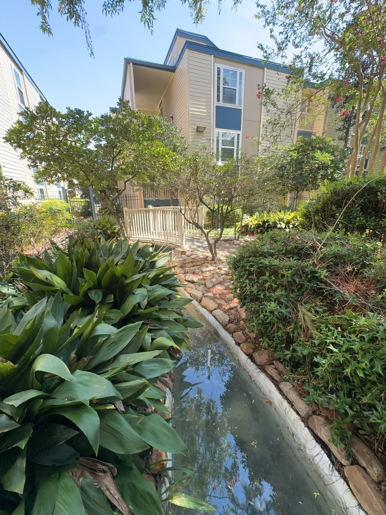 Creek section continuing beneath a landscape bridge at the apartment complex