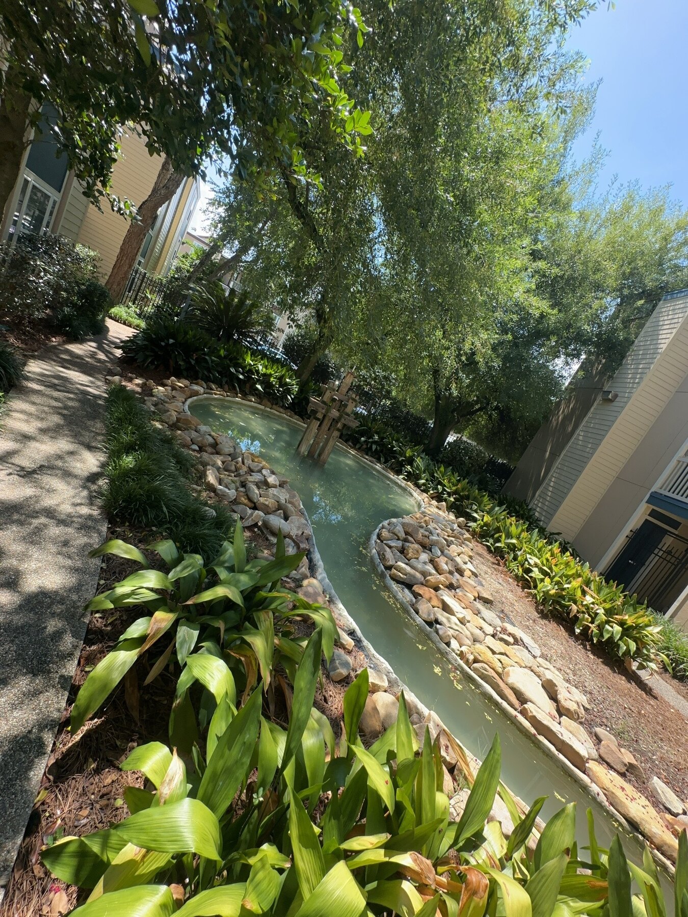 Large basin and connected creek section within the apartment complex